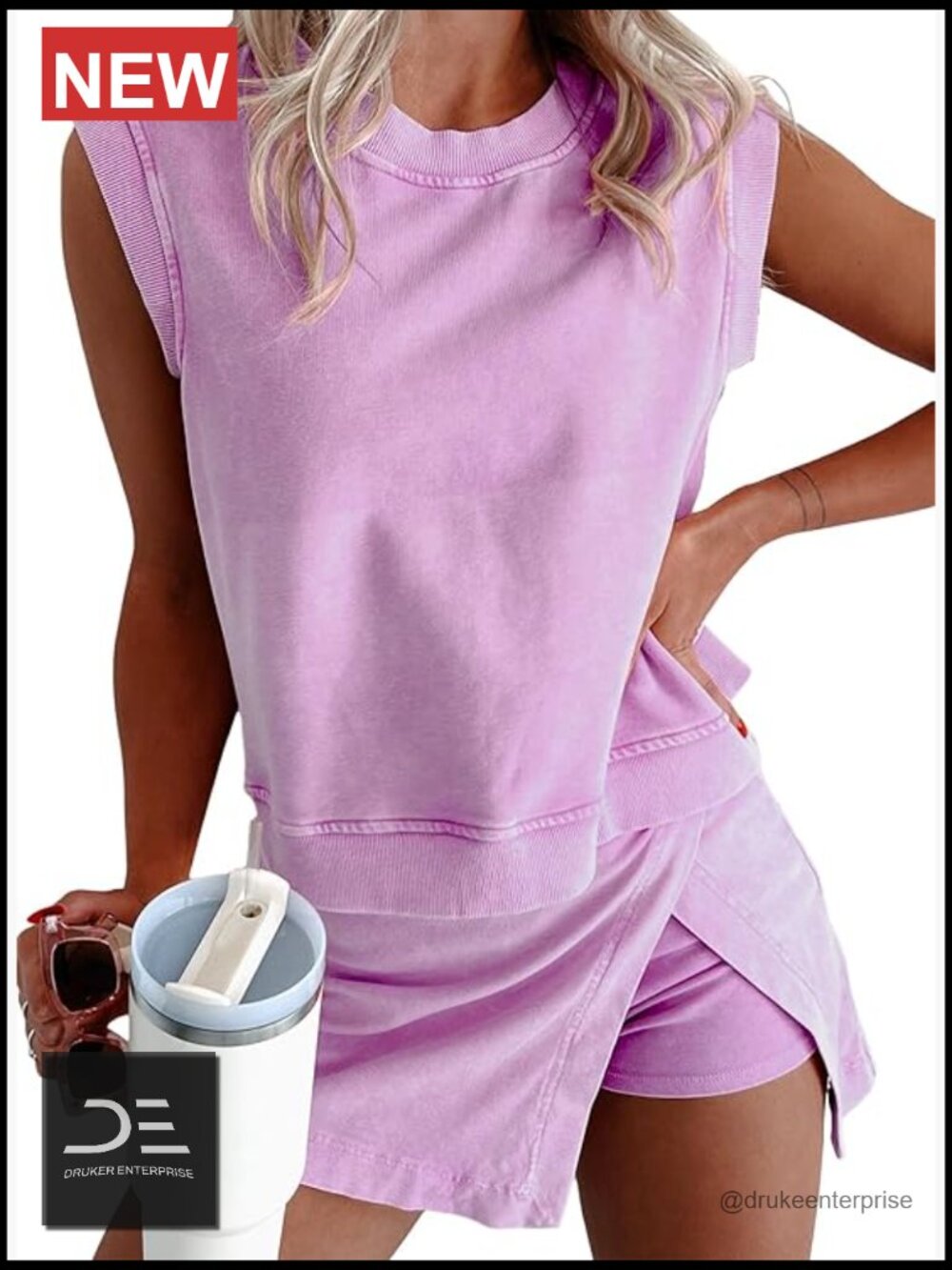 Lavender Sleeveless Sweatshirt & Skort Set